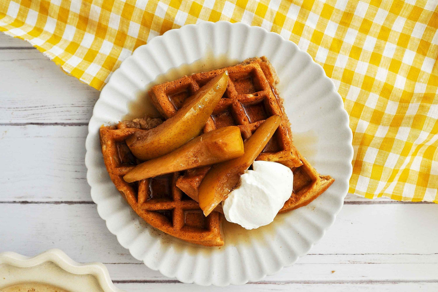 CHAI SPICED WAFFLES TOPPED WITH GINGER POACHED PEARS
