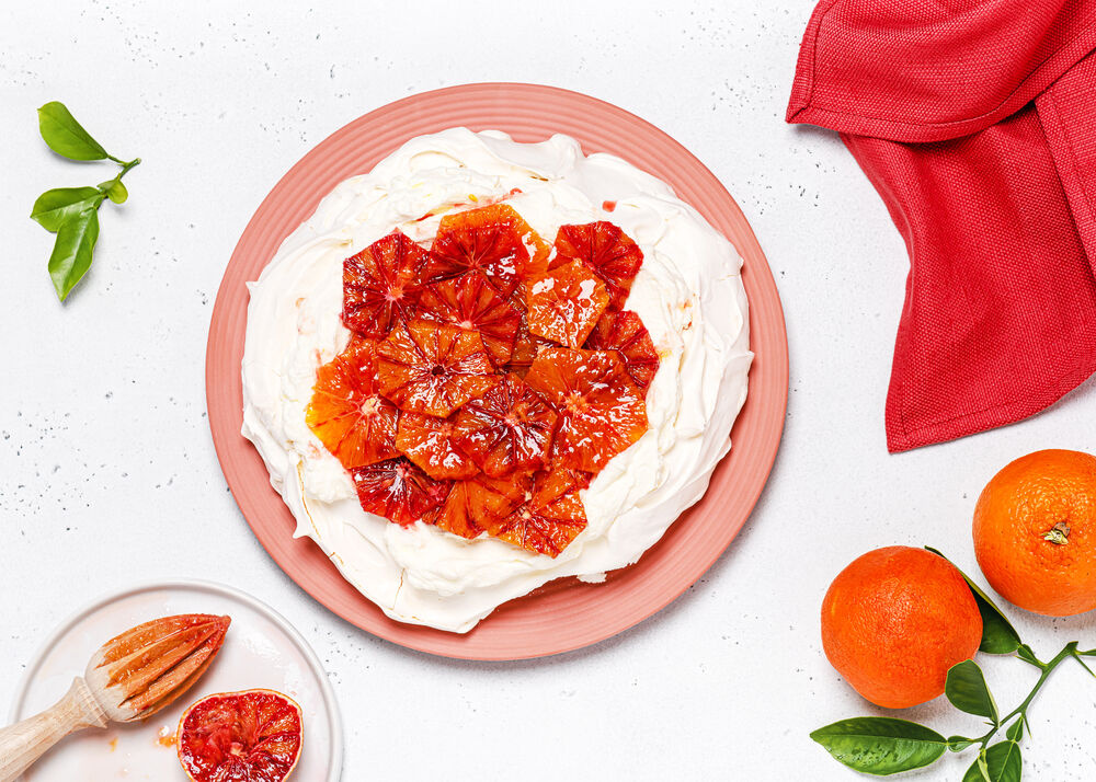 PAVLOVA WITH BLOOD ORANGE AND POMEGRANATE