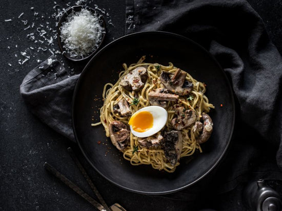 PORTOBELLO MUSHROOM LINGUINE WITH STEAM-BAKED EGGS