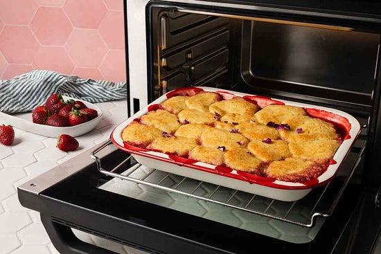 STRAWBERRY, RHUBARB AND ROSE COBBLER