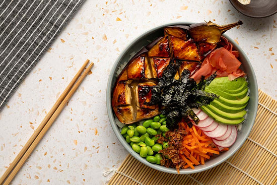 SWEET MISO GLAZED EGGPLANT PORK BOWL